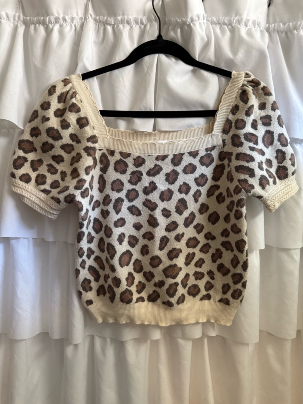 Leopard Print Puff Sleeve Knit Top - Cream/Brown